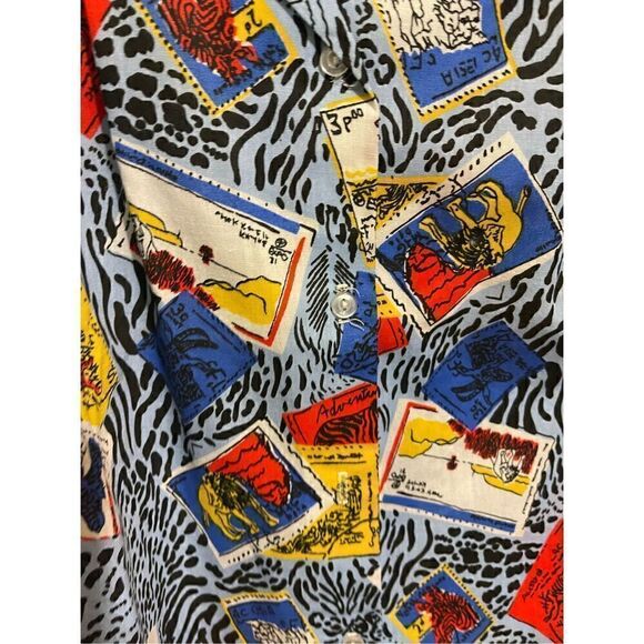 Vintage Blue Animal Print Animal Stamps logo HARMAL NEW YORK medium button down - Picture 9 of 13
